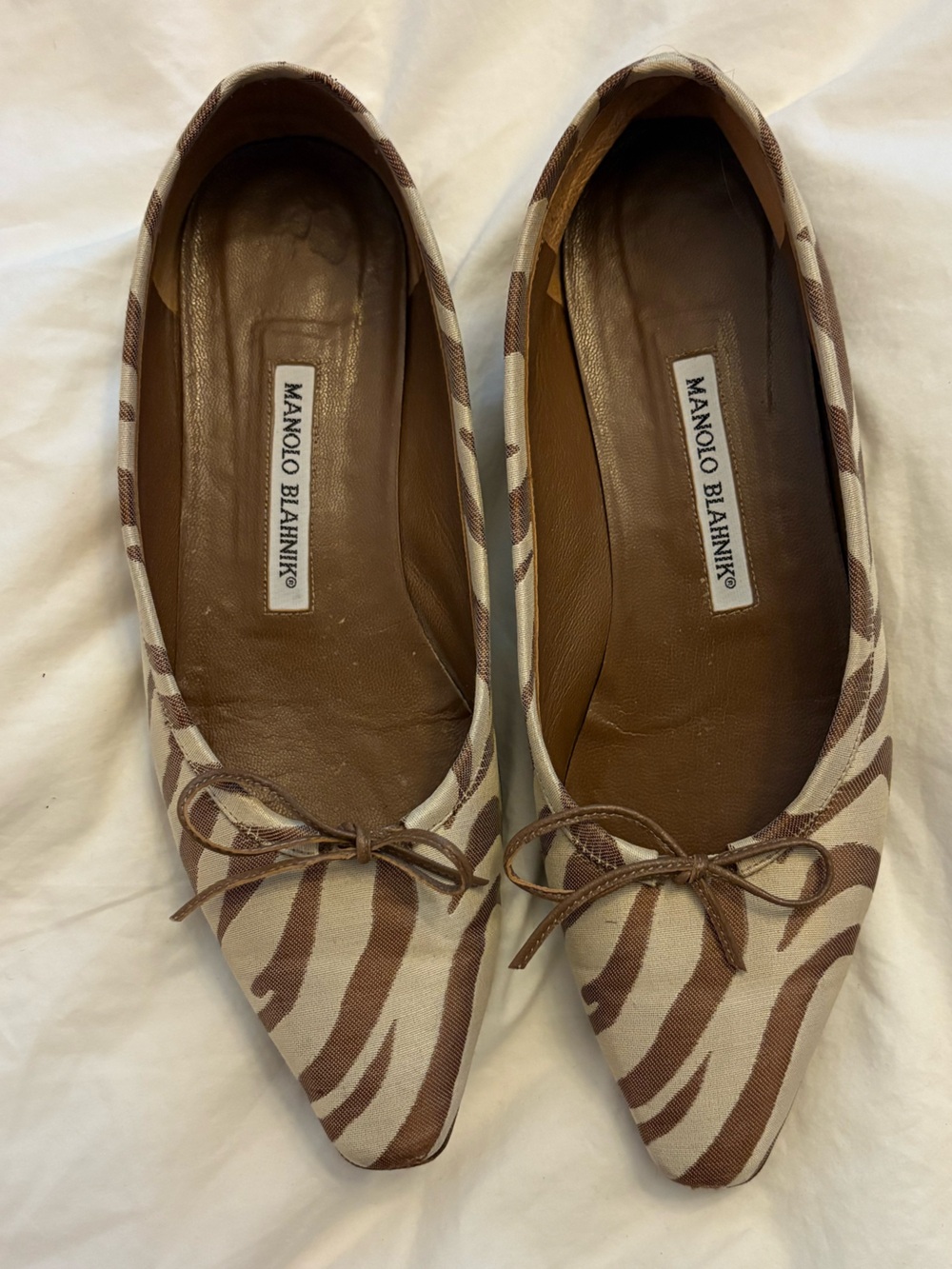 Manolo Blahnik Brown and Cream Zebra-Print Pointed Ballerina Flats